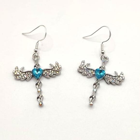 925 Silver Hooked Earrings w/ Cross Angel Wings Lab Topaz Pendants Gift Set NEW! - Picture 2 of 6